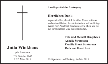 Todesanzeige von Jutta Winkhaus von HSK
