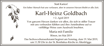 Todesanzeige von Karl-Heinz Goldbach von MZV