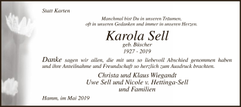 Todesanzeige von Karola Sell von MZV