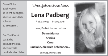 Todesanzeige von Lena Padberg von HSK