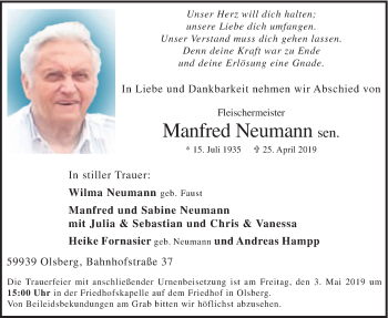 Todesanzeige von Manfred Neumann von HSK