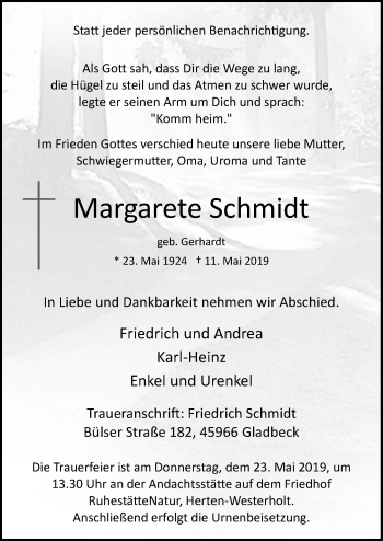 Todesanzeige von Margarete Schmidt von MZV
