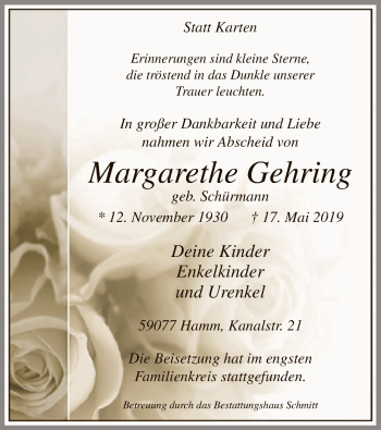 Todesanzeige von Margarethe Gehring von MZV