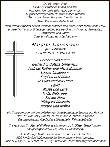 Todesanzeige von Margret Linnemann von MZV
