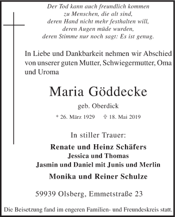 Todesanzeige von Maria Göddecke von HSK