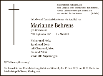 Todesanzeige von Marianne Behrens von MZV