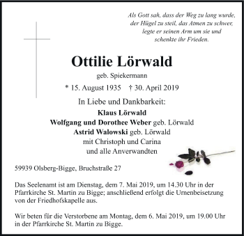 Todesanzeige von Ottilie Lörwald von HSK