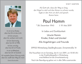 Todesanzeige von Paul Hamm von HSK