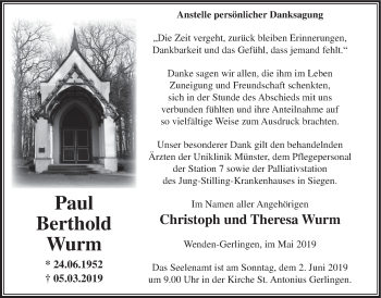 Todesanzeige von Paul Berthold Wurm von HSK
