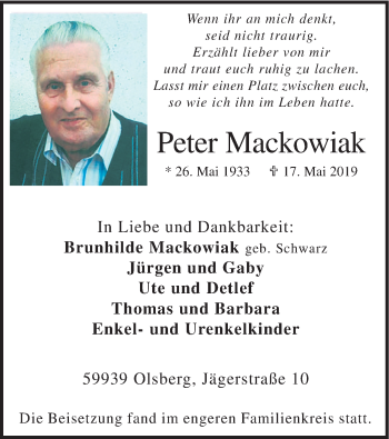 Todesanzeige von Peter Mackowiak von HSK