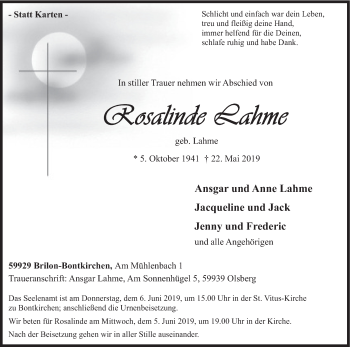 Todesanzeige von Rosalinde Lahme von HSK