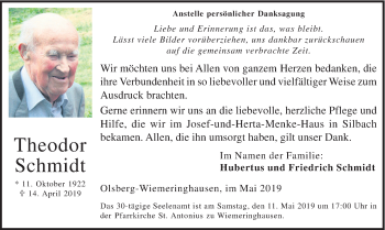 Todesanzeige von Theodor Schmidt von HSK