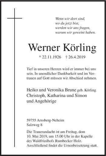 Todesanzeige von Werner Körling von HSK