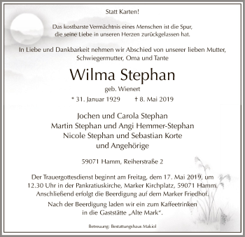 Todesanzeige von Wilma Stephan von MZV