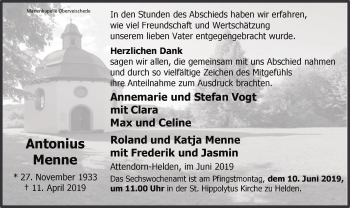 Todesanzeige von Antonius Menne von MZV