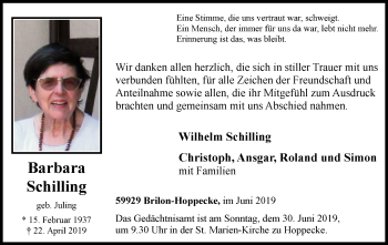 Todesanzeige von BArbara Schilling von MZV