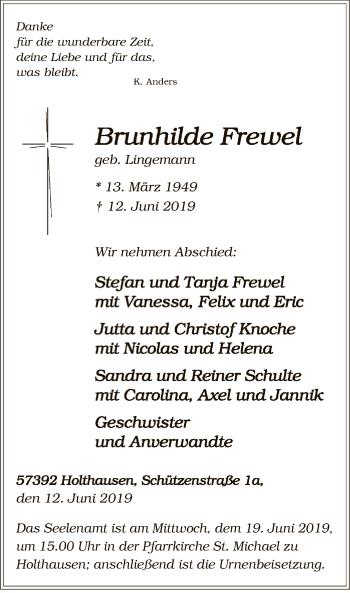 Todesanzeige von Brunhilde Frewel von MZV