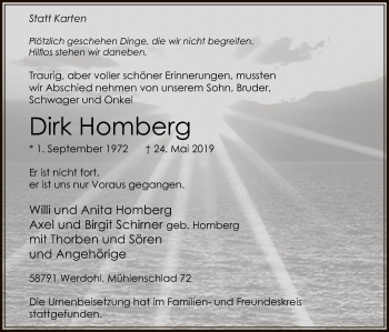 Todesanzeige von Dirk Homberg von MZV