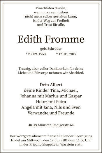 Todesanzeige von Edith Fromme von MZV