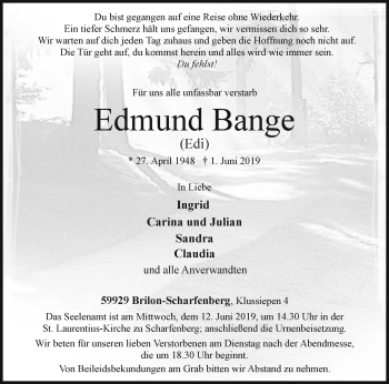 Todesanzeige von Edmund Bange von MZV