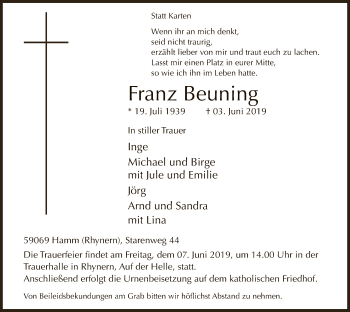 Todesanzeige von Franz Beuning von MZV