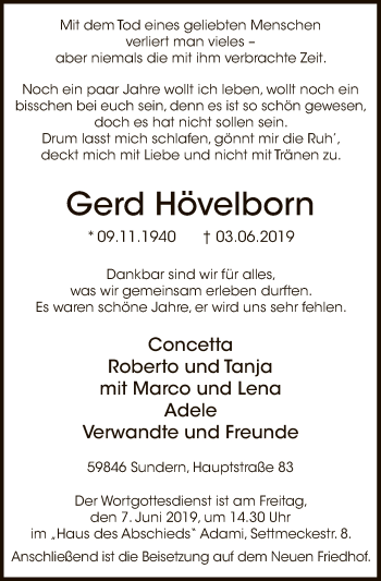 Todesanzeige von Gerd Hövelborn von MZV