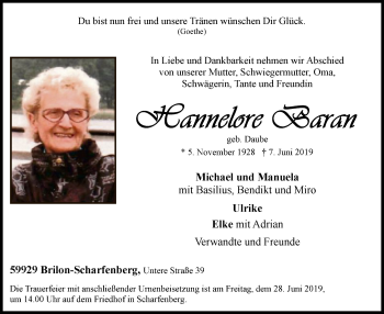 Todesanzeige von Hannelore Baran von MZV