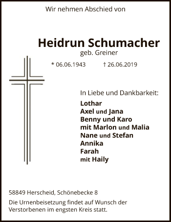 Todesanzeige von Heidrun Schumacher von MZV