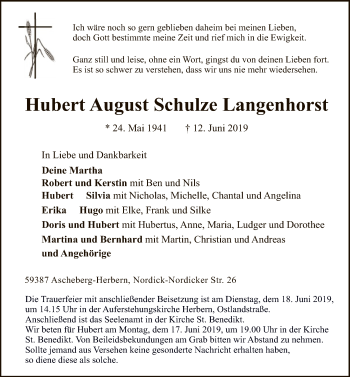 Todesanzeige von Hubert August Schulze Langenhorst von MZV