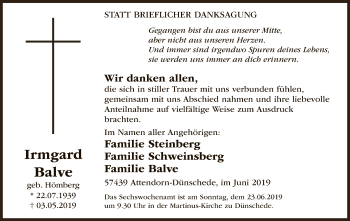 Todesanzeige von Irmgard Balve von MZV