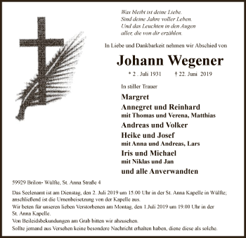 Todesanzeige von Johann Wegener von MZV