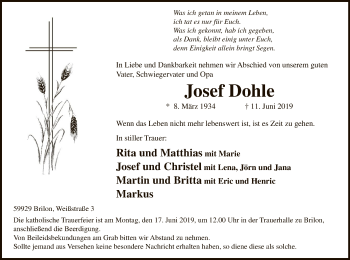 Todesanzeige von Josef Dohle von MZV