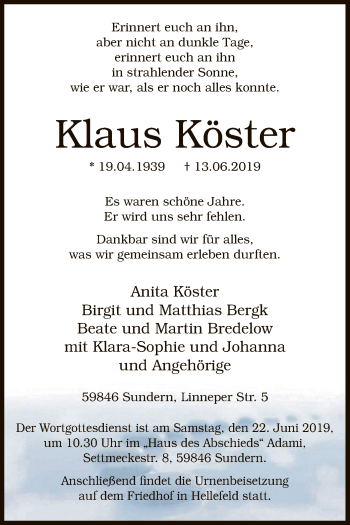 Todesanzeige von Klaus Köster von MZV