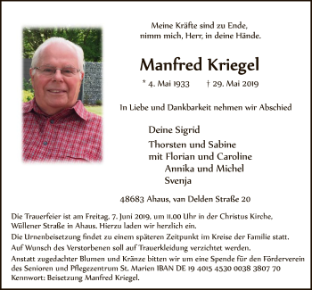 Todesanzeige von Manfred Kriegel von MZV