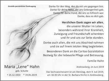 Todesanzeige von Maria Hahn von MZV