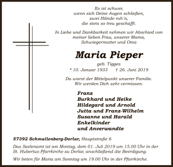 Todesanzeige von Maria Pieper von MZV