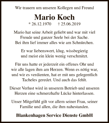 Todesanzeige von Mario Koch von MZV