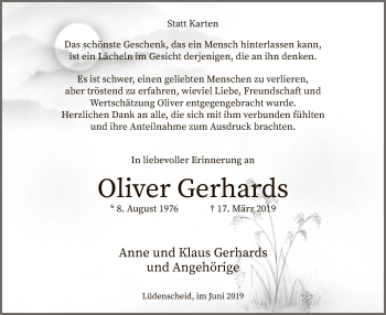 Todesanzeige von Oliver Gerhards von MZV