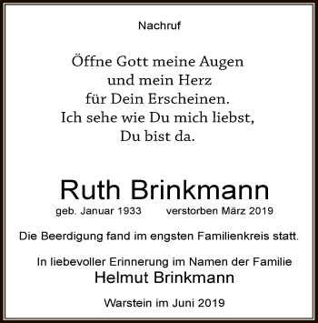 Todesanzeige von Ruth Brinkmann von MZV