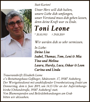 Todesanzeige von Toni Leone von MZV