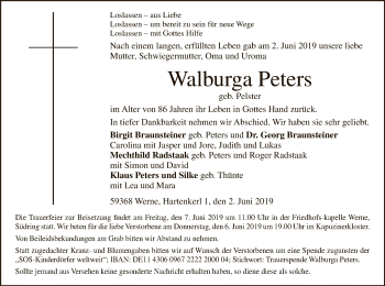 Todesanzeige von Walburga Peters von MZV