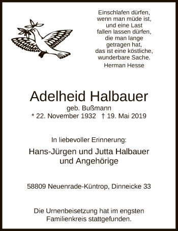 Todesanzeige von Adelheid Halbauer von MZV