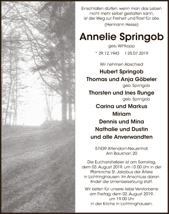 Todesanzeige von Annelie Springob von MZV