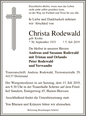 Todesanzeige von Christa Rodewald von MZV