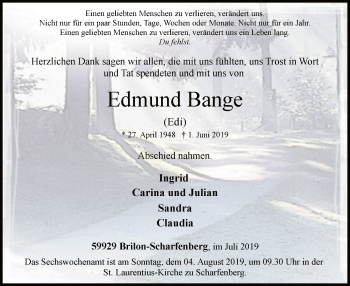 Todesanzeige von Edmund Bange von MZV