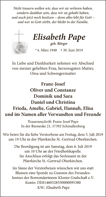 Todesanzeige von Elisabeth Pape von MZV