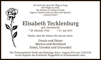 Todesanzeige von Elisabeth Tecklenburg von MZV