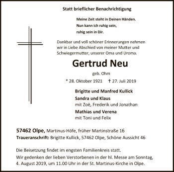 Todesanzeige von Gertrud Neu von MZV