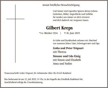 Todesanzeige von Gilbert Kreps von MZV