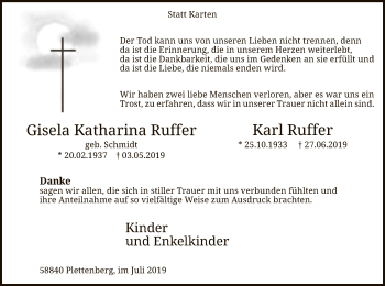 Todesanzeige von Gisela Katharina und Karl Ruffer von MZV